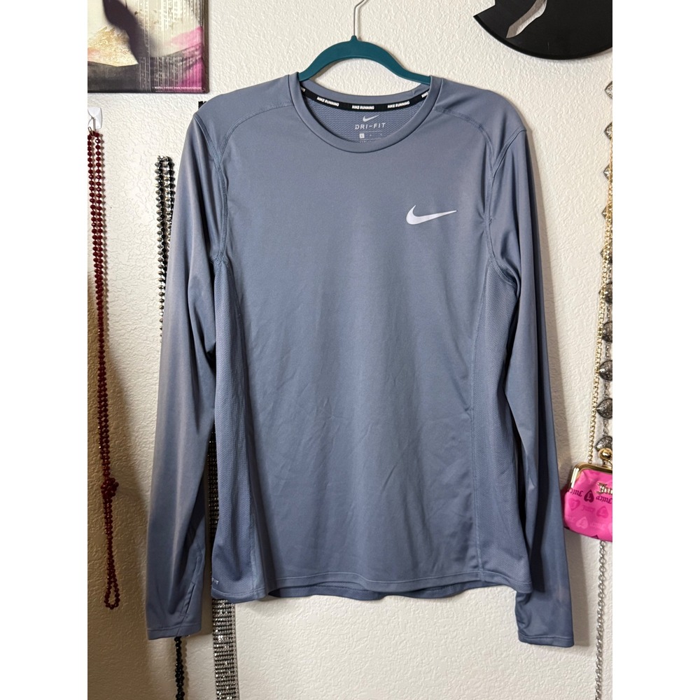 Nike Running Dri-FIT Long Sleeve Shirt Gray Blue Thumb Holes 833593-497 Womens L